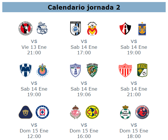 Calendario jornada 2 del futbol mexicano clausura 2017, fechas y horarios